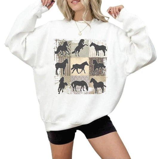 Boho Horse Sweatshirt, Retro Horse Hoodie, Floral Farmhouse Life Crewneck Sweater, T-shirt Hoodie Unisex Horse Lover Gifts Cotton Womenswear