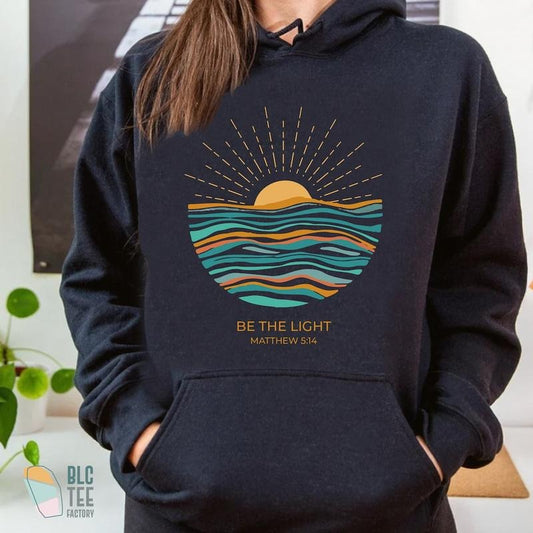 Boho Retro Be The Light Matthew 5:14 Christian TShirt, Boho Bible Verse Sunburst Sea Sun Religious Jesus God Shirt Cotton Hoodie