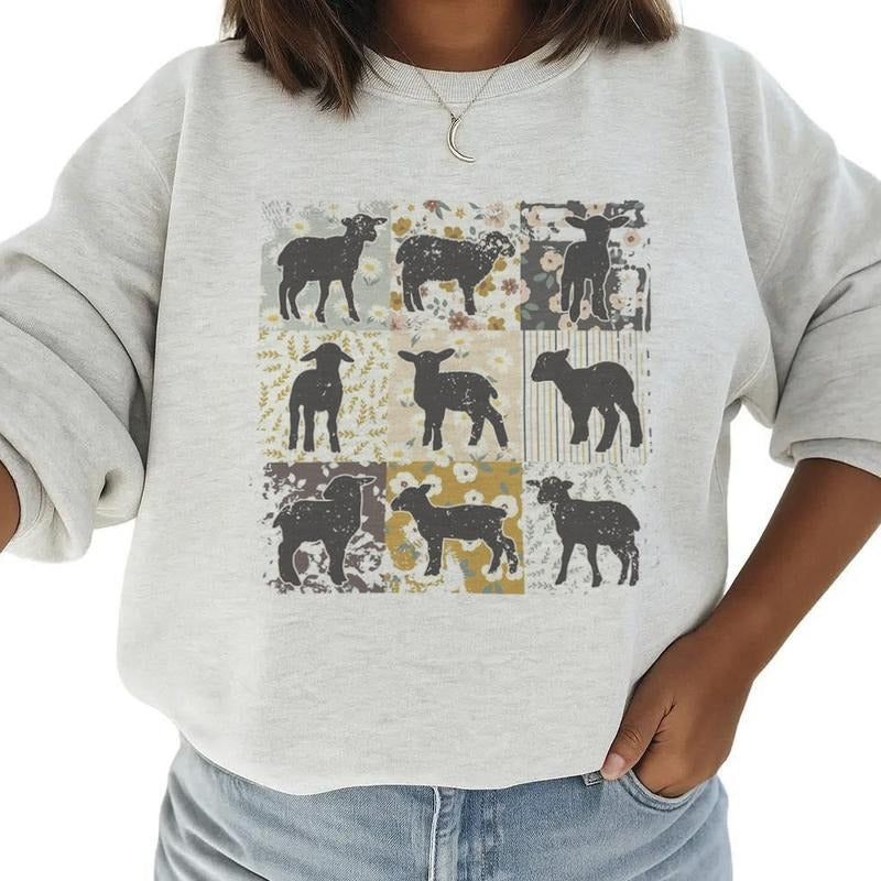 Boho Retro Sheep Cute Sweatshirt, Hoodie, Floral Farmhouse T-shirt Farm Life Crewneck Sweater, Sheep Lover Gift Unisex Cotton Womenswear