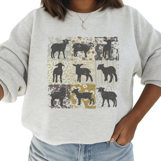 Boho Retro Sheep Cute Sweatshirt, Hoodie, Floral Farmhouse T-shirt Farm Life Crewneck Sweater, Sheep Lover Gift Unisex Cotton Womenswear