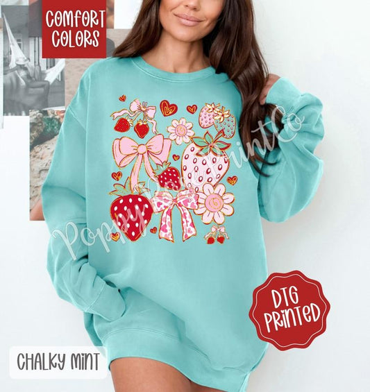 Boho Strawberry Comfort Colors Sweatshirt, Cute Women's Coquette Floral Sweater, Trendy Fruit Crewneck