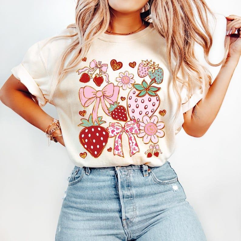 Boho Strawberry Coquette t-shirt, Preppy Strawberries shirt, Strawberry Festival t-shirt, Summer Strawberry shirt, Floral Stawberry tshirt, Boho Summer t-shirt