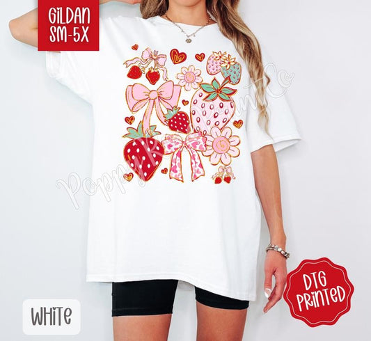 Boho Strawberry Shirt Gildan, Women's Coquette Floral Tee, Trendy Fruit Tshirt Plus Sizes