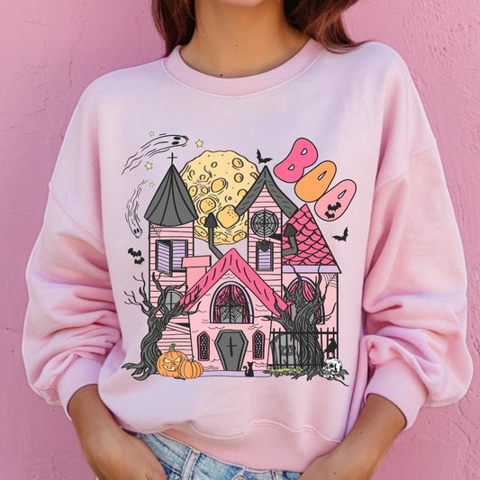 Boo House Halloween Sweatshirt ~ Unisex Apparel Relaxed Fit Printed In The USA Clothing Womenswear Casual Comfort Cotton Top Athletic Boho Chic