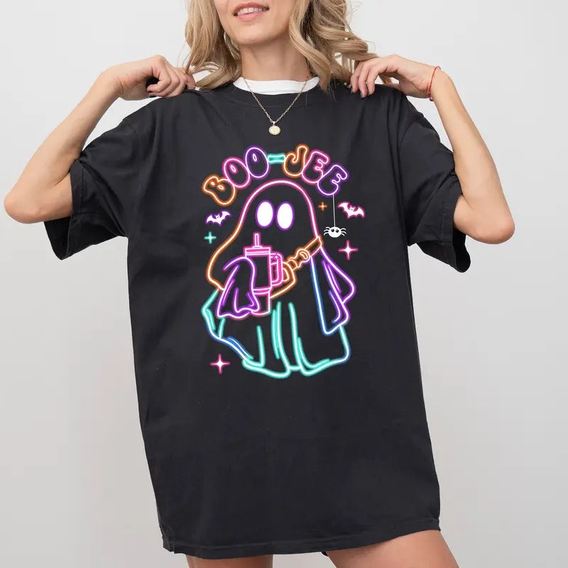 Boo-Jee Halloween Ghost Neon Shirt, Cute Ghost Coffee Printed Crewneck, Holiday Season T-shirt, Bougie Halloween Tee, Spooky Ghost Shirt, Funny Halloween Gift, Casual Short Sleeve Shirt For Women, Womenswear, Cotton Fabric Relaxed Fit Chic Style