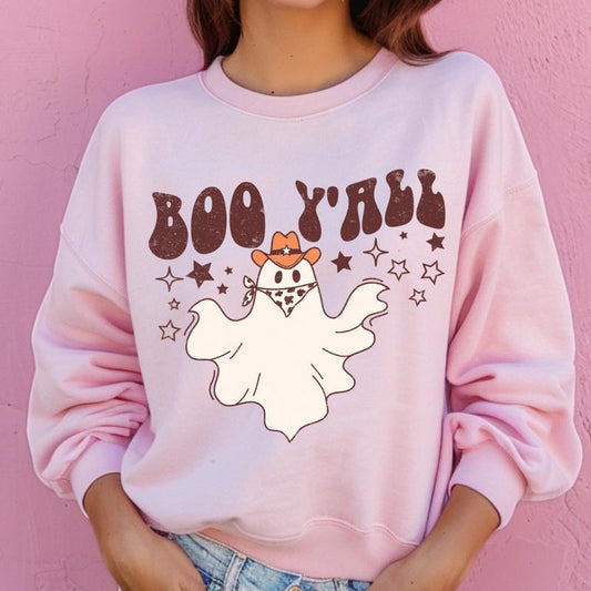 Boo Y'all Western Ghost Crewneck ~ Unisex Apparel Relaxed Fit Printed In The USA Clothing Womenswear Casual Comfort Cotton Top Athletic Boho Chic Everyday Flamingo