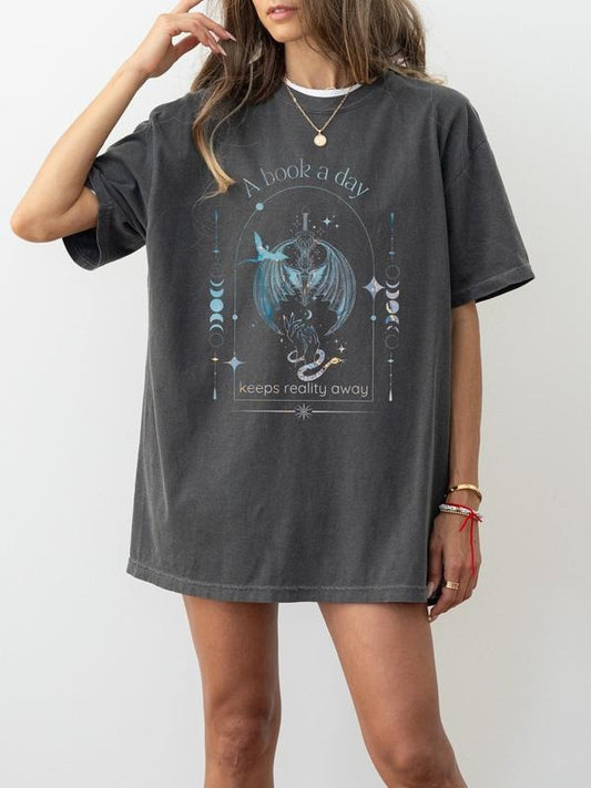 Book Lover T-Shirt A Book A Day Keeps Reality Away, Literary Tee, Reading Shirt, Unisex Bookworm Gift, Dragon Lover Shirt Book Lover Gift