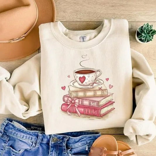 Book Lover Valentine sweatshirt-hoodie-tshirt, Gift for Book Lovers, Coquette Valentine Bookish Tshirt, Bookworm Coffee Tee, Reading Sweater,Reading Shirt
