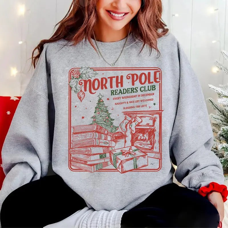 Bookish Christmas Sweatshirt, North Pole Book Club Santa Shirt, Book Lover Christmas Sweater, Retro Book Worm Shirt, Holiday Bookish Sweatshirt