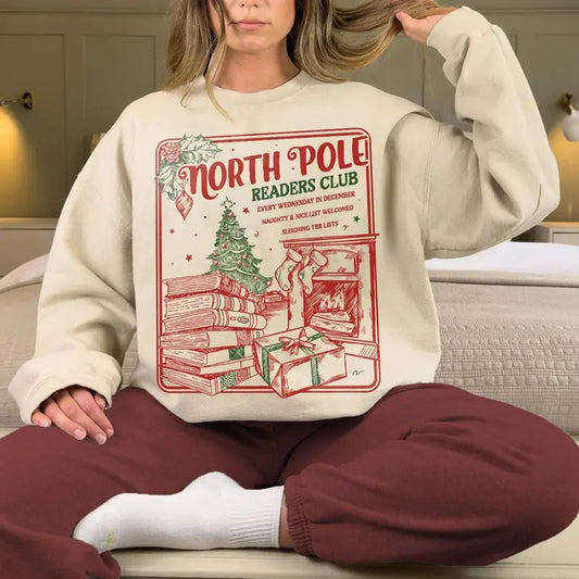 Bookish Christmas Sweatshirt, North Pole Book Club Santa Sweater for Book Lover, Christmas Retro Book Worm Holiday Bookish Hoodie Gift Womenswear Pullover Crewneck Long Sleeves Graphic Fabric Shirt