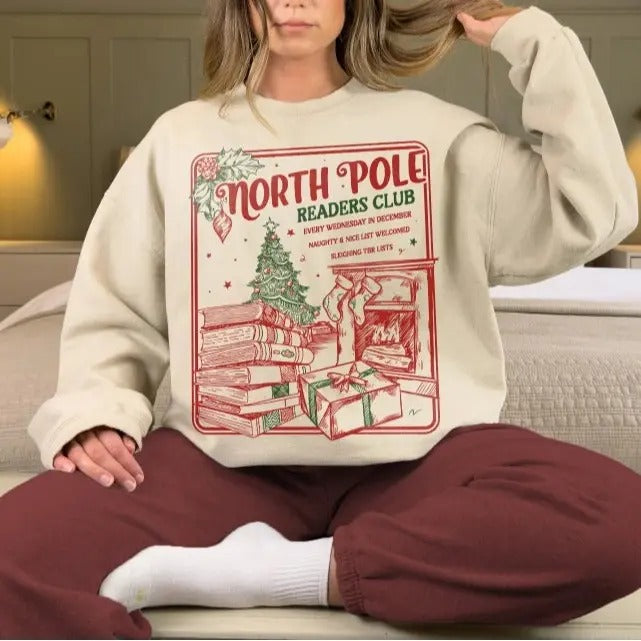 Bookish Christmas Sweatshirt, North Pole Book Club Santa Sweater, Book Lover Christmas, Retro Book Worm Holiday Bookish Shirt, Gift Shirt, Gift For Him, Gift For Her