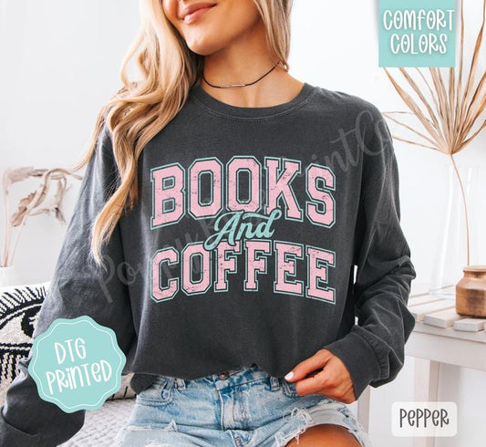 Books And Coffee Comfort Colors Long Sleeve T-Shirt, Cute Women's Graphic Tee