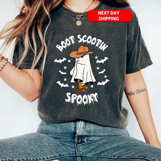 Boot Scootin Spooky Shirt, Cute Spooky Sweatshirt, Halloween Gift, Halloween T-Shirt, Funny Cowboy Ghost Tee, Western Halloween Clothing