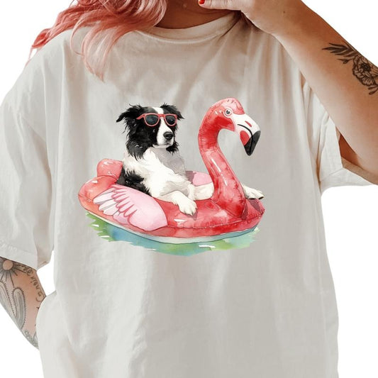 Border Collie Flamingo Float Dog Shirt ~ Unisex Apparel Relaxed Fit Printed In The USA Clothing Womenswear Casual Comfort Cotton Top Athletic Boho Chic