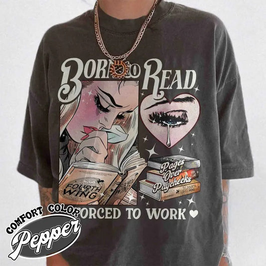 Born To Read Forced To Work Shirt, Women's Forced to Work Graphic Tee,Bookish Crewneck, Basgiath War College, Dragon Rider, Fantasy Reader