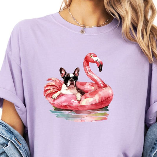 Boston Terrier Flamingo Float Dog Shirt ~ Unisex Apparel Relaxed Fit Printed In The USA Clothing Womenswear Casual Comfort Cotton Top Athletic Boho Chic