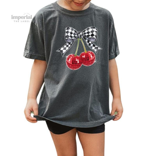 Bow Disco Cherries Youth Sweatshirt and Kid's Comfort Colors T-Shirt, Cute Crewneck Pullover, Cute Kids Apparel, Trendy Youth Graphic Tee, Cozy Kids Sweatshirt, Fun Vibes Clothing