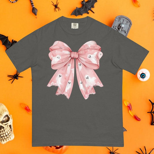 Bow and Ghosts Pattern Comfort Colors Shirt, Trendy halloween tee, Unisex garment-dyed heavyweight t-shirt