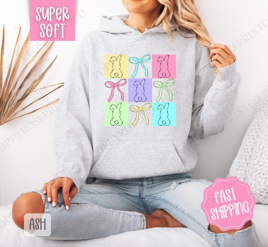 Bows and Bunnies Hoodie, Easter Women's Crewneck, Cute Bunny Women's Hooded Sweater