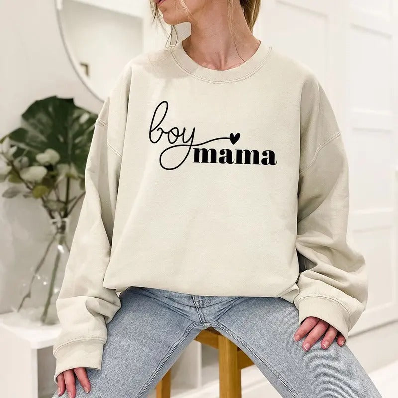 Boy Mama Crewneck Sweatshirt, Minimalist Sweatshirts for Mama, Trendy Crewneck Mothers Day Long Sleeve Shirts
