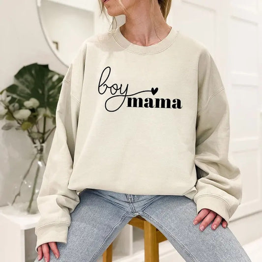 Boy Mama Crewneck Sweatshirt, Minimalist Sweatshirts for Mama, Trendy Crewneck Mothers Day Long Sleeve Shirts