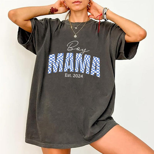 Boy Mama Est. 2024 Comfort Colors Shirt, Boy Mama Shirt, Checkered Boy Mama Tee, Mom Graphic Printed Short Sleeve Tee Shirt, Women Cotton Fabric Shirts, Women's Tops, Womenswear, Mother's Day Gift, Gift For Mom, Cotton Fabric Relaxed Fit Chic Style