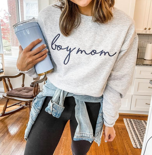 Boy Mom Embroidered Sweatshirt, Unisex Crewneck Pullover for Busy and Comfy Mom Life, Mother's Day Gift, Boy Mom Gift Shirt