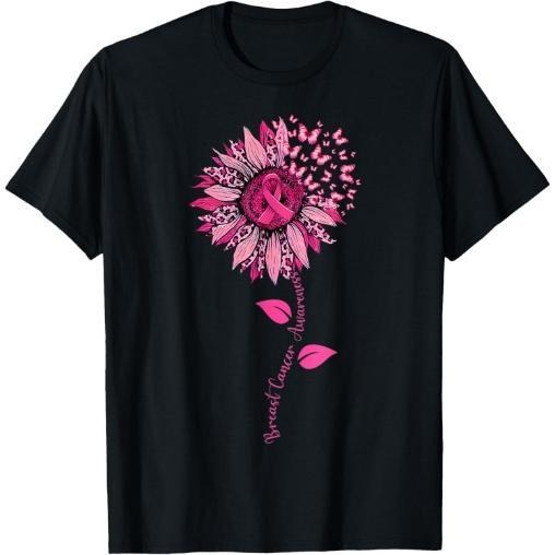 Breast Cancer Awareness Warrior Leopard Sunflower Pink T-Shirt Made in USA