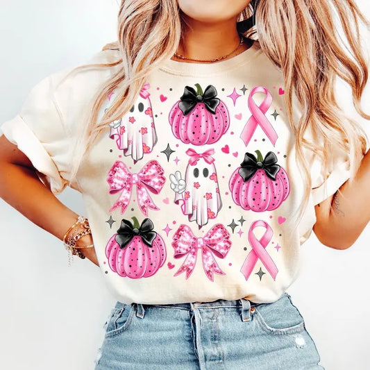 Breast Cancer Ghost Coquette Bow T-Shirt - Retro Breast Cancer Awareness Halloween Pink Ghost Sweatshirt, Unisex