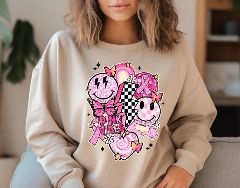 Breast Cancer Sweatshirt Cancer Awareness Sweater Fighter Warrior Support Gift October Awareness Month, Pink Cancer Ribbon Retro Smile Face  T-shirt, sweater and Hoodie