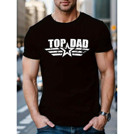 Breathable Men's Regular Fit TOP DAD T-shirt, Comfortable Chic Round Neck Tee for Workout & Daily Commute, Best Summer Choice with Star Lines Print Made in USA
