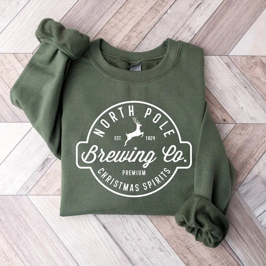 Brewing Co North Pole Sweatshirt, Christmas Shirts for Women, Christmas Crewneck, Holiday Sweatshirt, Winter Sweatshirt, Christmas Sweater Cotton Fabric