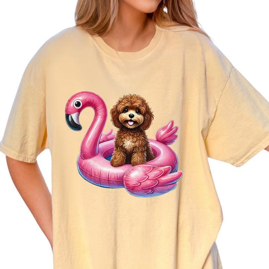 Brown Cavapoo Flamingo Float Dog Shirt ~ Unisex Apparel Relaxed Fit Printed In The USA Clothing Womenswear Casual Comfort Cotton Top Athletic Boho Chic