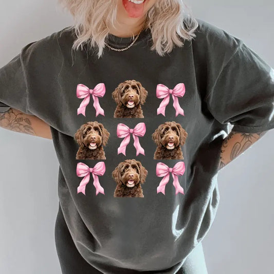 Brown Goldendoodle with bows Shirt~ Unisex Apparel Relaxed Fit Printed In The USA Clothing Womenswear Casual Comfort Cotton Top Athletic Boho Chic