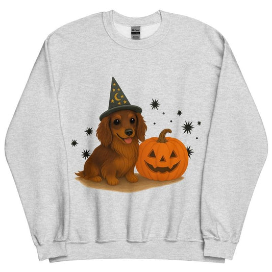 Brown Long Haired Dachshund Halloween Witchy Dogs Sweatshirt ~ Unisex Apparel Relaxed Fit Printed In The USA Clothing Womenswear Casual Comfort Cotton Top Athletic Boho ChiC