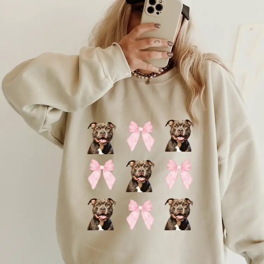 Brown Pitbull with Bows Sweatshirt ~ Sweatshirt Unisex Apparel Relaxed Fit Printed in the USA Clothing Womenswear Casual and Comfortable