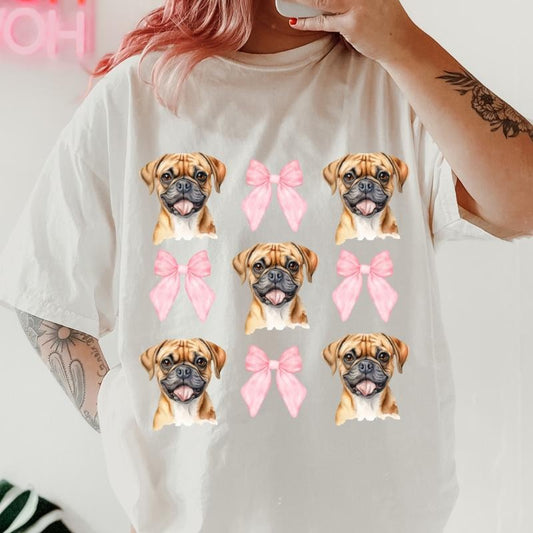 Brown Puggle with bows Shirt ~ Unisex Apparel Relaxed Fit Printed In The USA Clothing Womenswear Casual Comfort Cotton Top Athletic Boho Chic