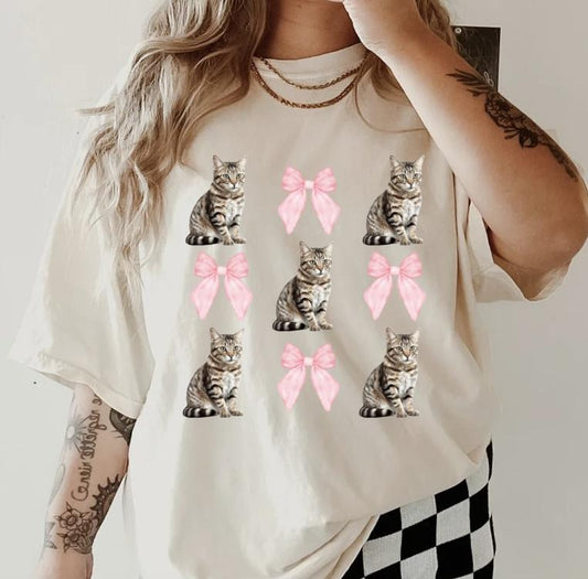 Brown Tabby Cat with bows Shirt ~ Unisex Apparel Relaxed Fit Printed In The USA Clothing Womenswear Casual Comfort Cotton Top Athletic Boho Chic