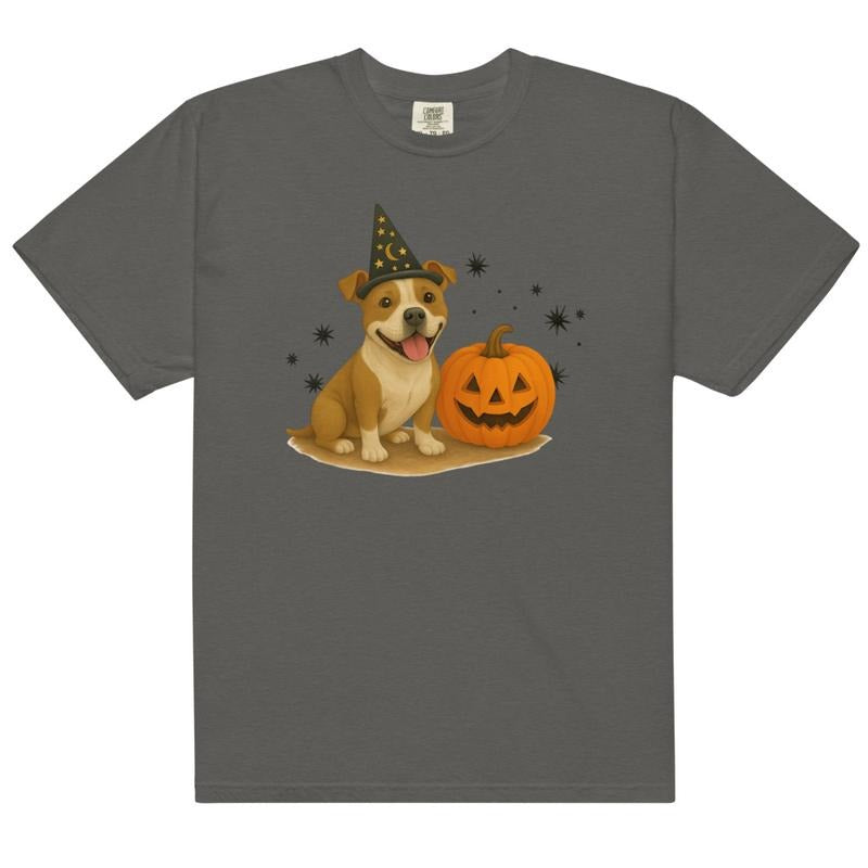 Brown and White Pitbull Halloween Witchy Dogs Shirt ~ Unisex Apparel Relaxed Fit Printed In The USA Clothing Womenswear Casual Comfort Cotton Top Athletic Boho Chi