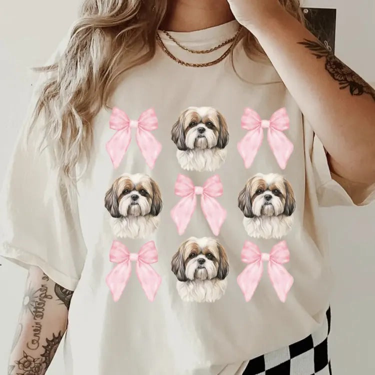 Brown and White Shih Tzu with bows Shirt~ Unisex Apparel Relaxed Fit Printed In The USA Clothing Womenswear Casual Comfort Cotton Top Athletic Boho Chic