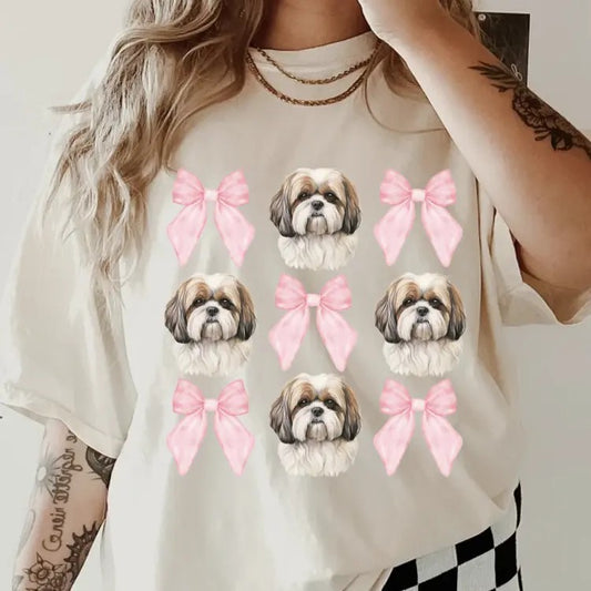 Brown and White Shih Tzu with bows Shirt~ Unisex Apparel Relaxed Fit Printed In The USA Clothing Womenswear Casual Comfort Cotton Top Athletic Boho Chic