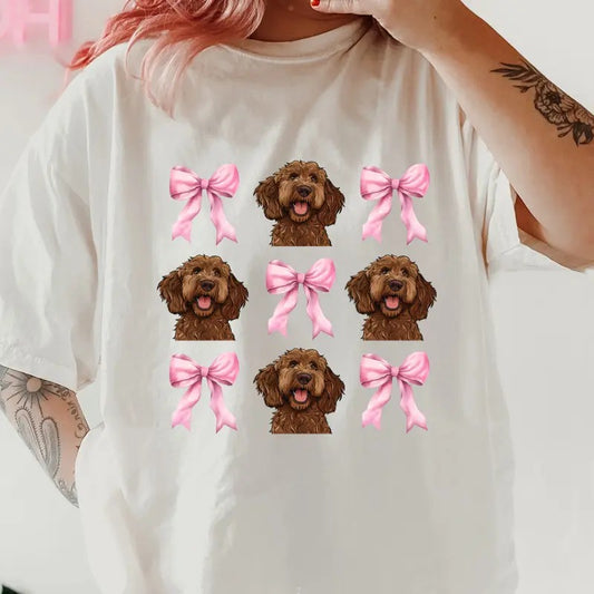 Brown labradoodle with bows Shirt~ Unisex Apparel Relaxed Fit Printed In The USA Clothing Womenswear Casual Comfort Cotton Top Athletic Boho Chic