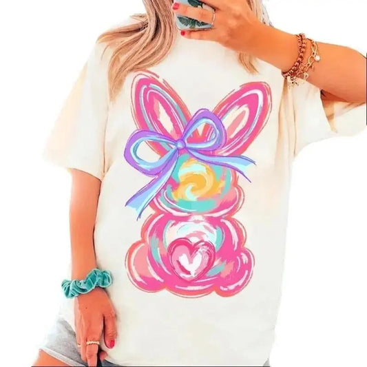 Brushstroke Bunny Easter Graphic T-Shirt - Pink Bunny Coquette Bow, Casual Crew Neck, 100% Cotton, Unisex, Machine Washable, Short Sleeve