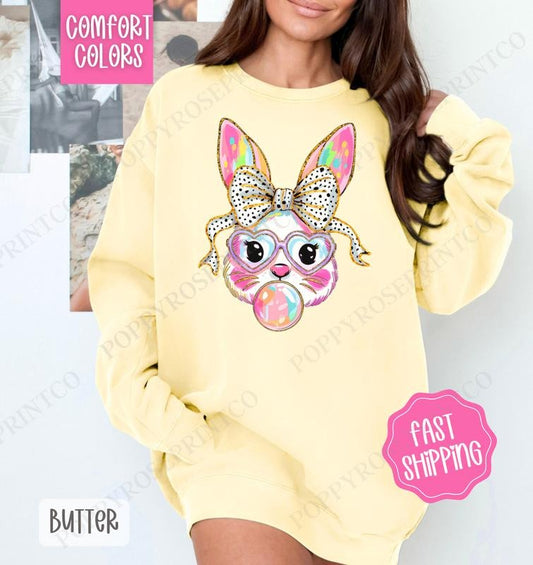Bubble Bunny Comfort Colors Sweatshirt, Cute Easter Women's Crewneck, Trendy Bunny Women's Sweater, Gift for Her