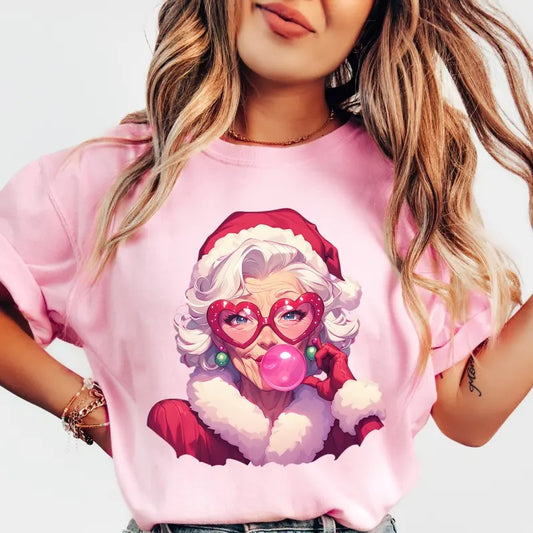 Bubble Gum Mrs. Claus Christmas Shirt~ Unisex Apparel Relaxed Fit Printed In The USA Clothing Womenswear Casual Comfort Cotton Top Athletic Boho Chic