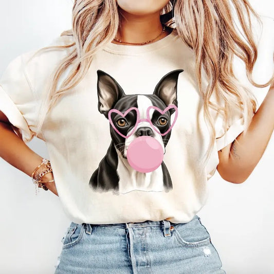Bubble gum Boston Terrier Shirt~ Unisex Apparel Relaxed Fit Printed In The USA Clothing Womenswear Casual Comfort Cotton Top Athletic Boho Chic