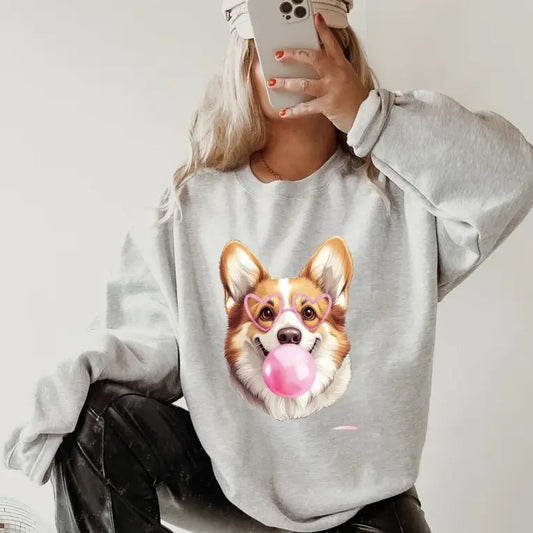 Bubblegum Corgi Crewneck ~ Sweatshirt Unisex Apparel Relaxed Fit Printed in the USA Clothing Womenswear Casual and Comfortable