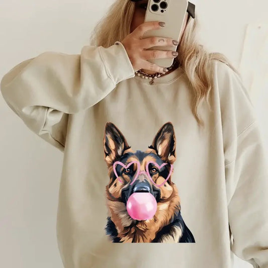 Bubblegum German Shepherd Crewneck ~ Sweatshirt Unisex Apparel Relaxed Fit Printed in the USA Clothing Womenswear Casual and Comfortable