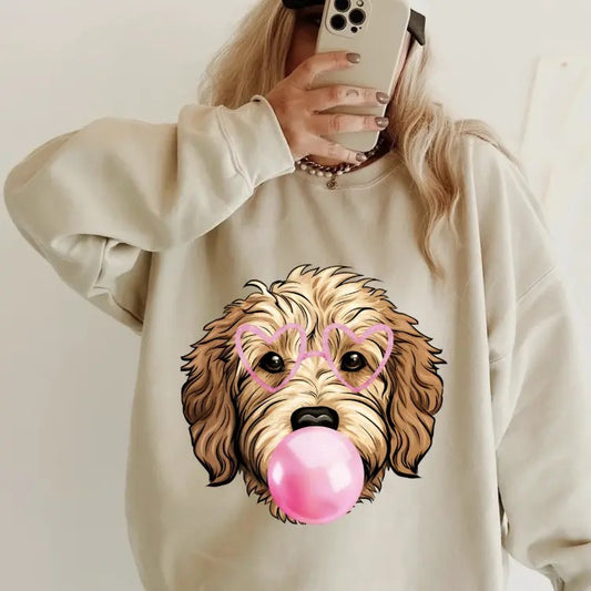 Bubblegum Golden Doodle Crewneck ~ Sweatshirt Unisex Apparel Relaxed Fit Printed in the USA Clothing Womenswear Casual and Comfortable