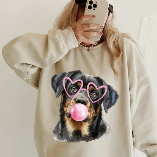 Bubblegum Rottweiler Crewneck ~ Sweatshirt Unisex Apparel Relaxed Fit Printed in the USA Clothing Womenswear Casual and Comfortable
